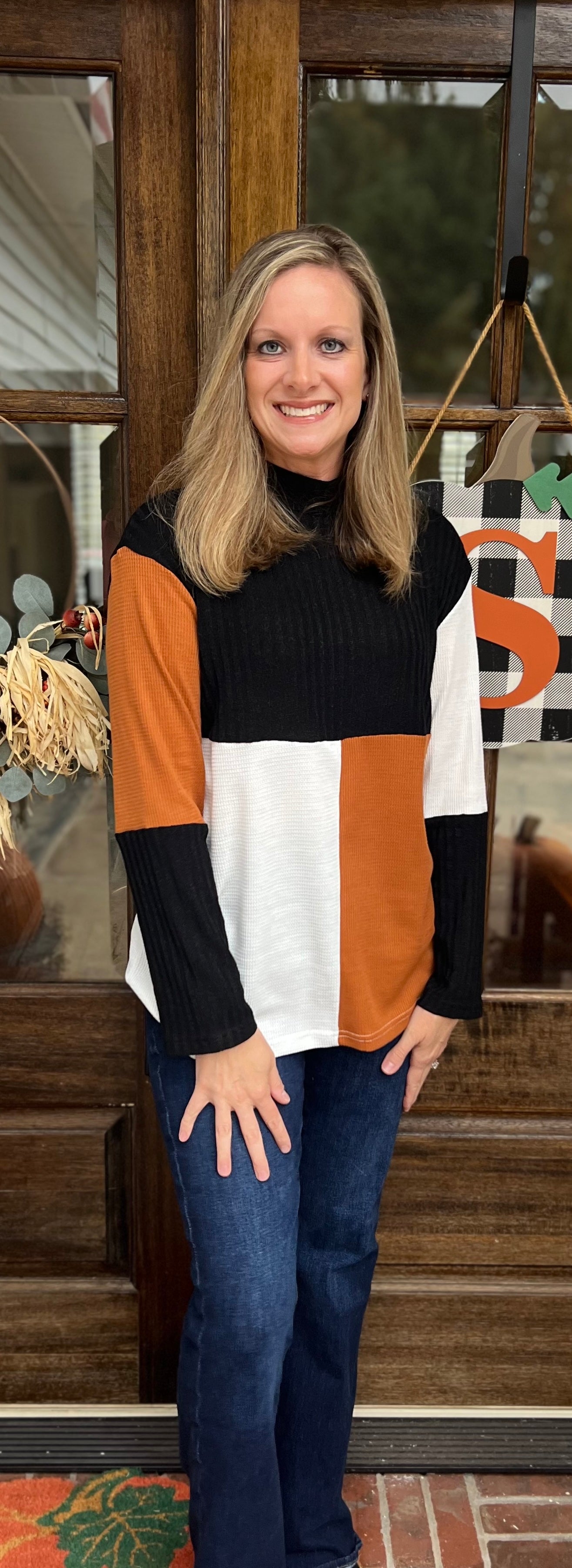 Tri-color mock neck top