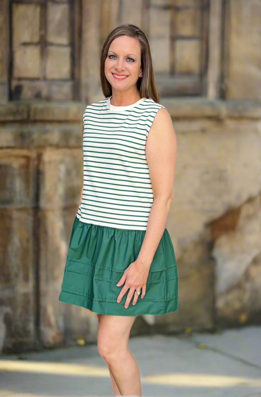 Green stripe sleeveless ruffled dress