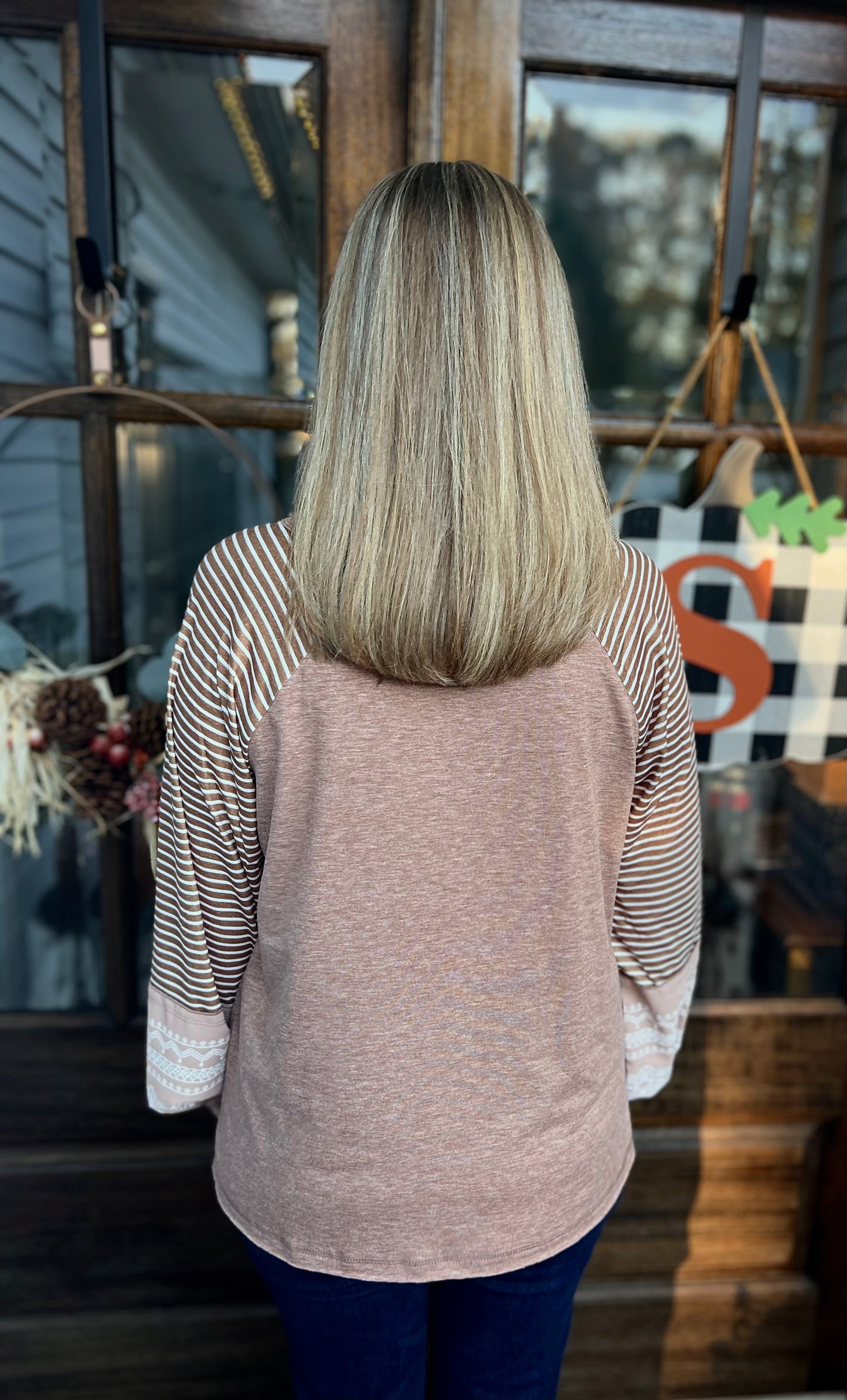 Beige floral striped patchwork sleeve