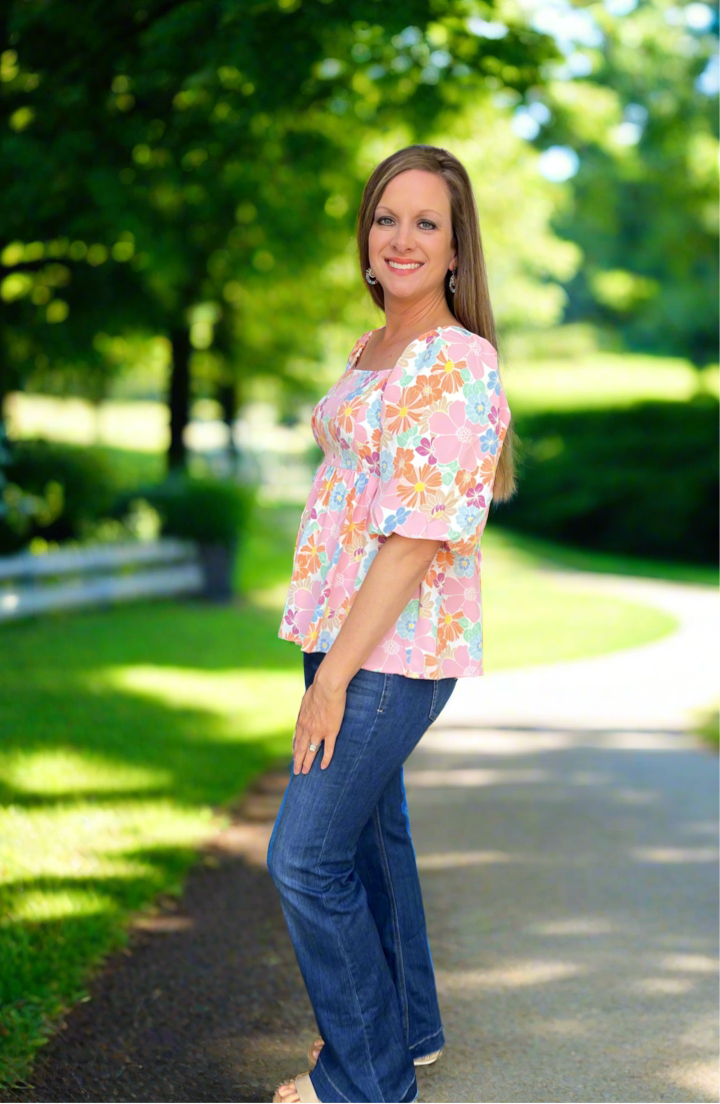 Pink Floral Square Neck top