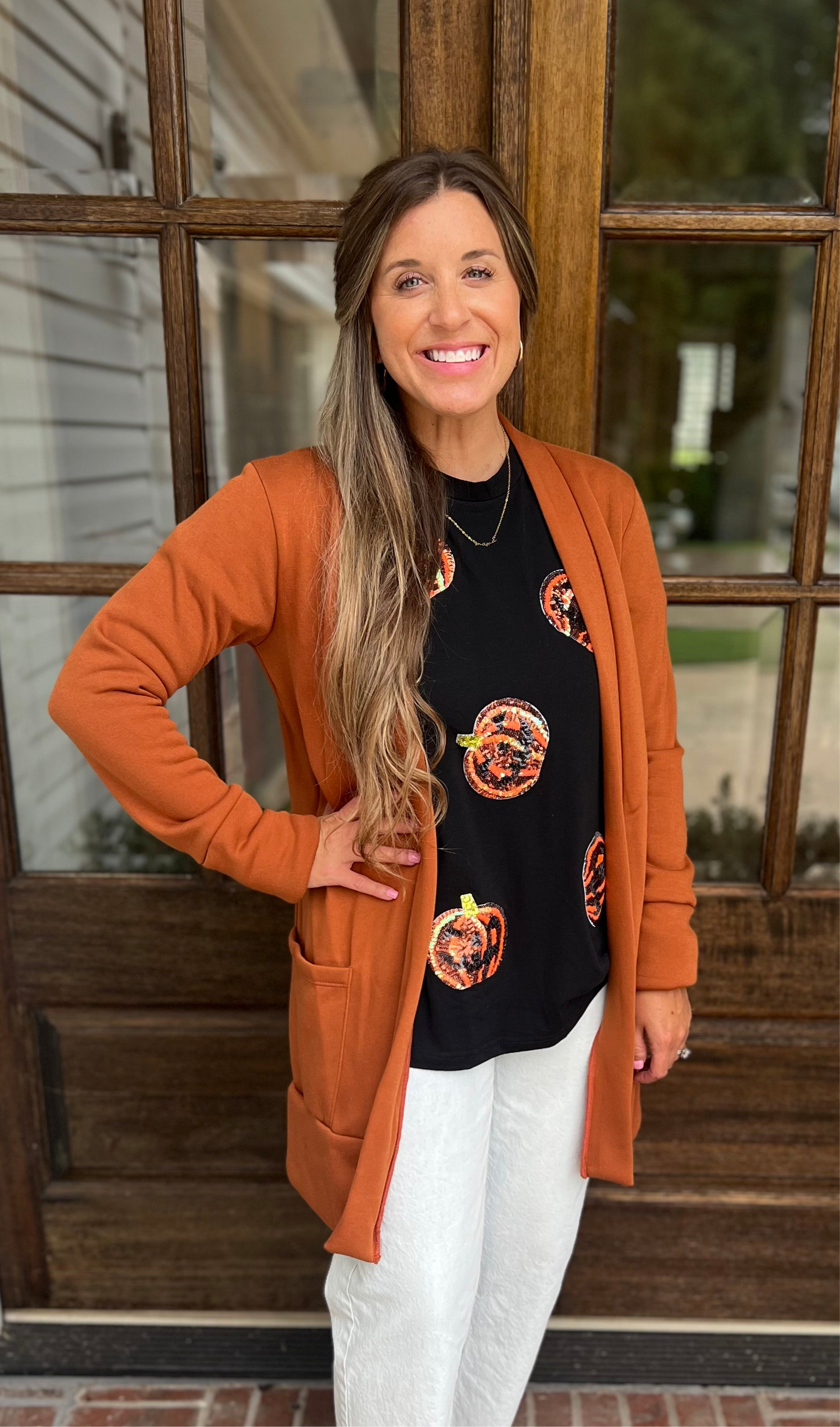 Rust midi cardigan with thumb hole