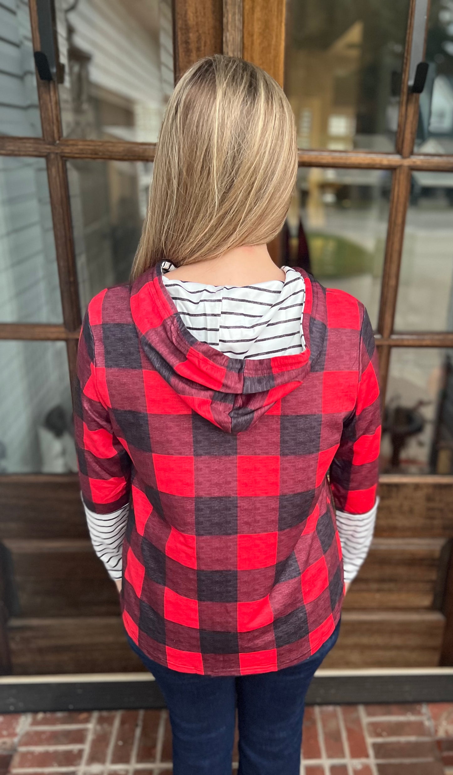 Fiery red Buffalo plaid pullover with hood