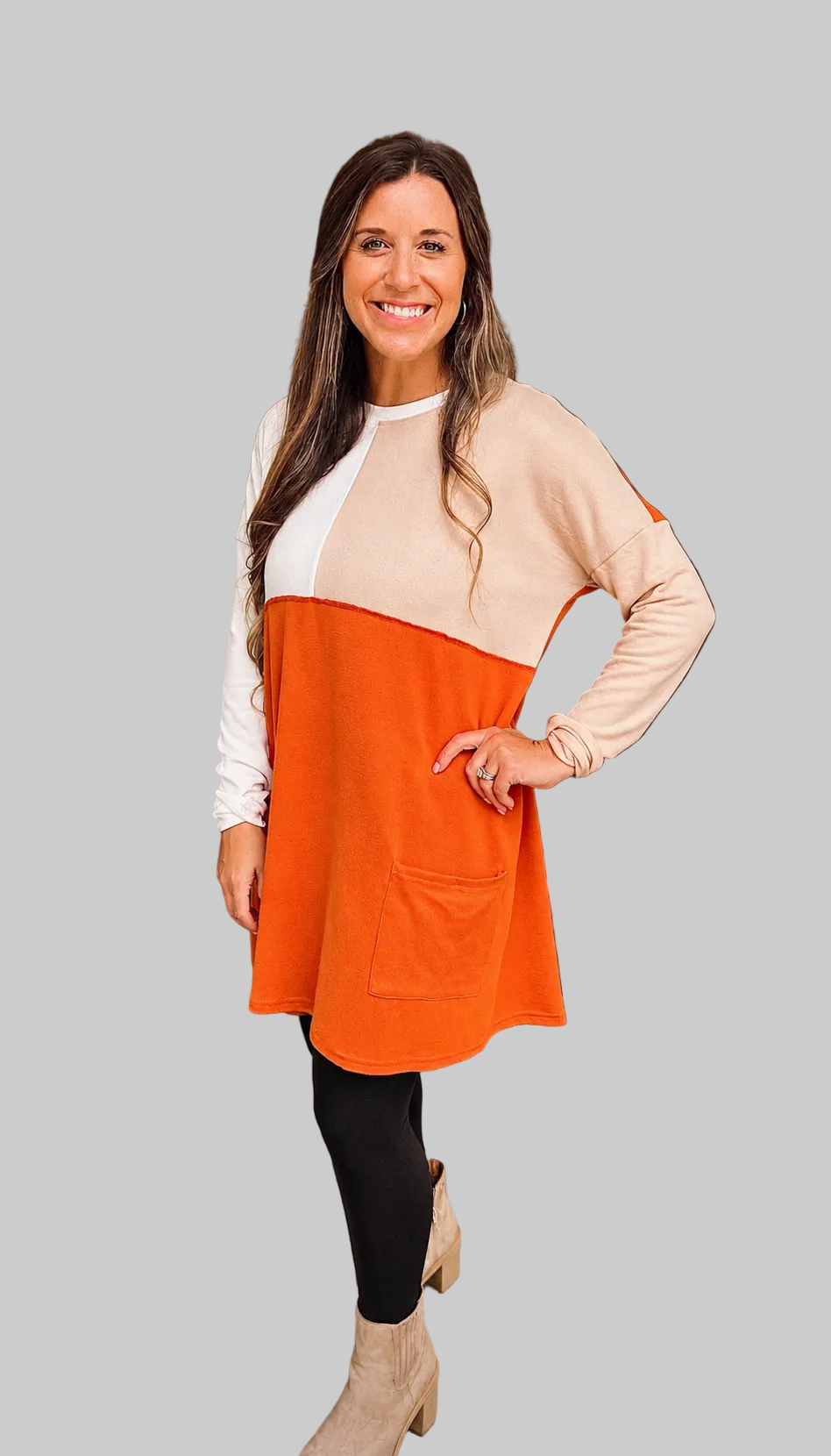 Pocketed color block long sleeve top