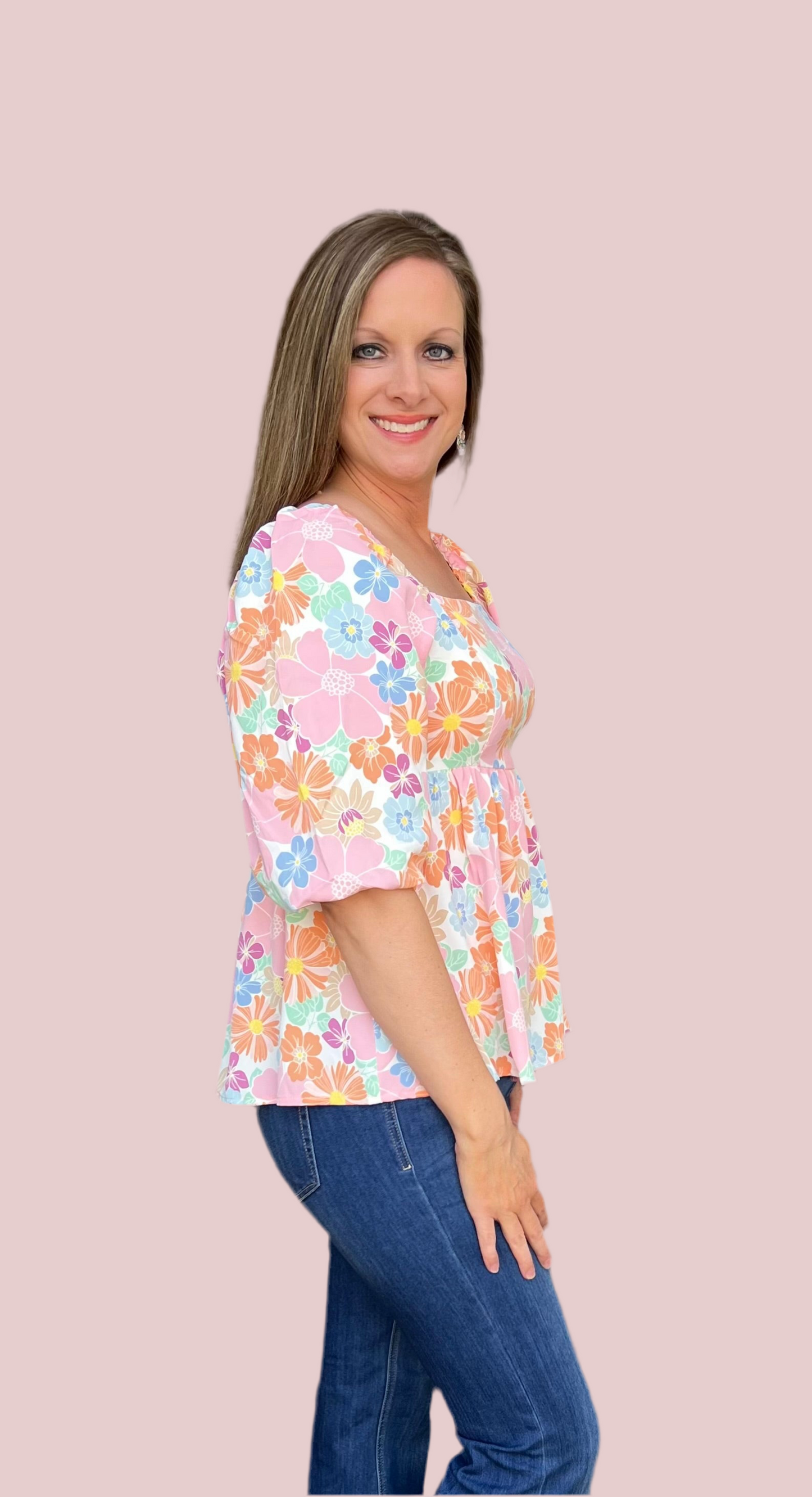 Pink Floral Square Neck top