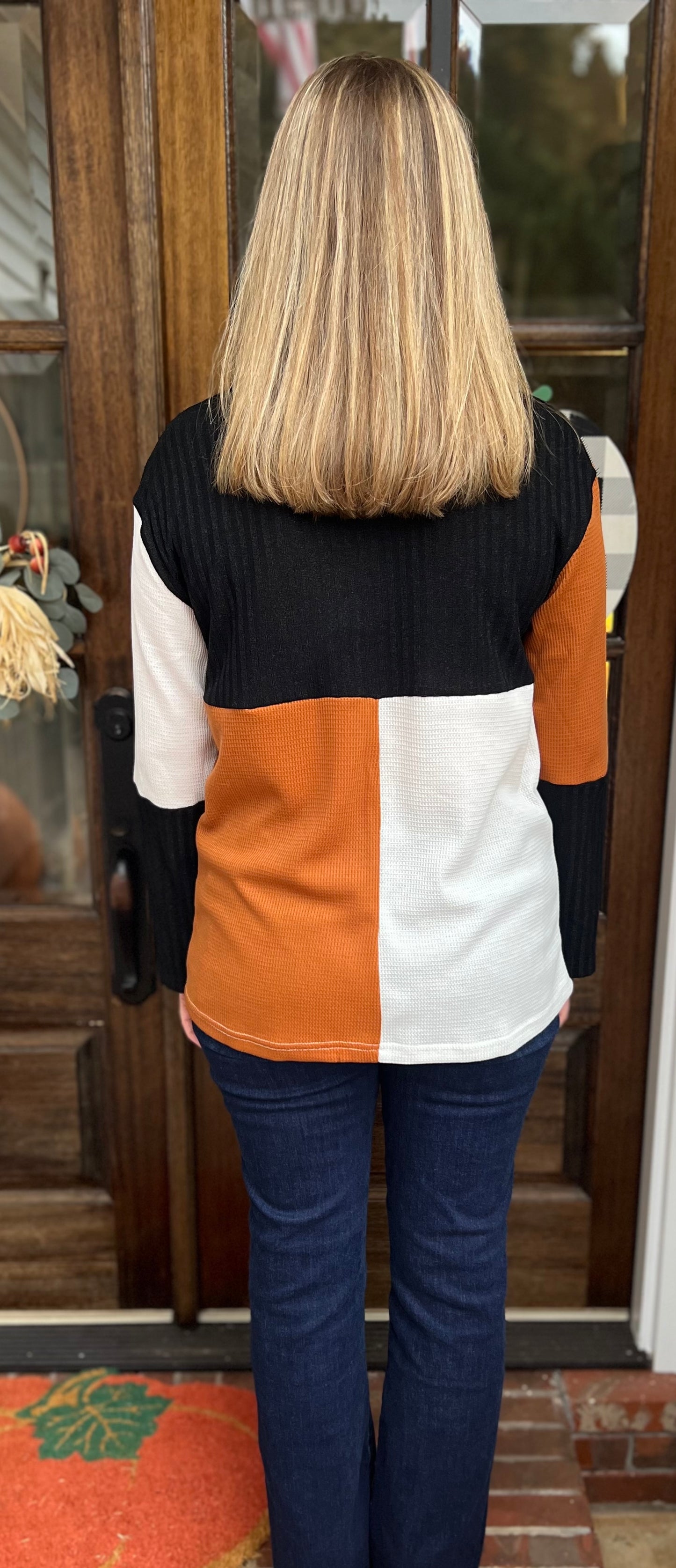 Tri-color mock neck top