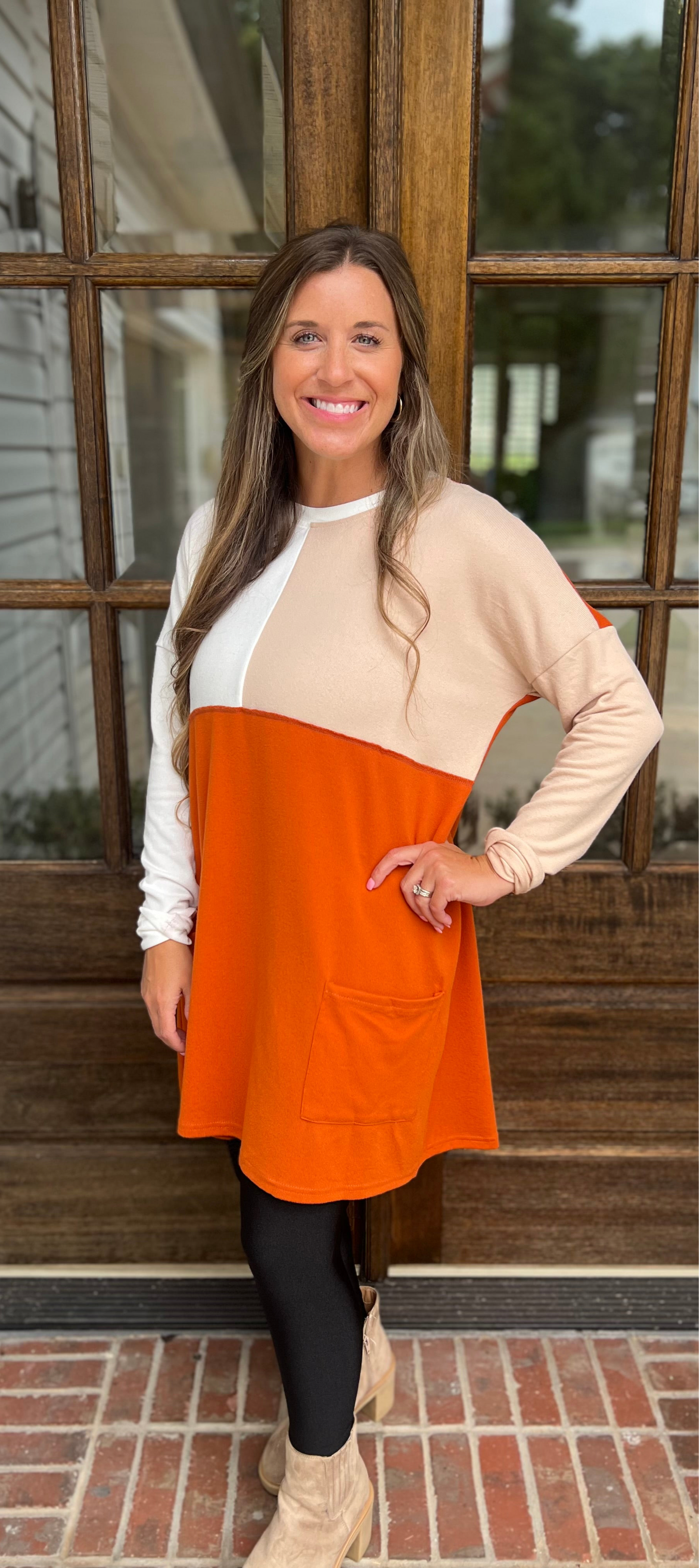 Pocketed color block long sleeve top