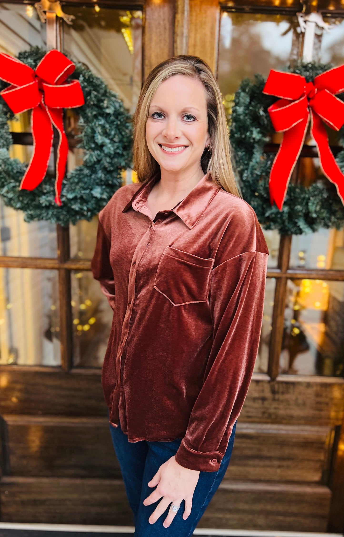 Rose gold velvet button up top