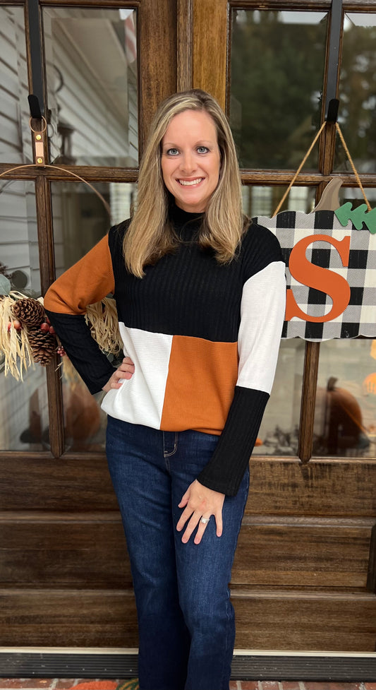 Tri-color mock neck top