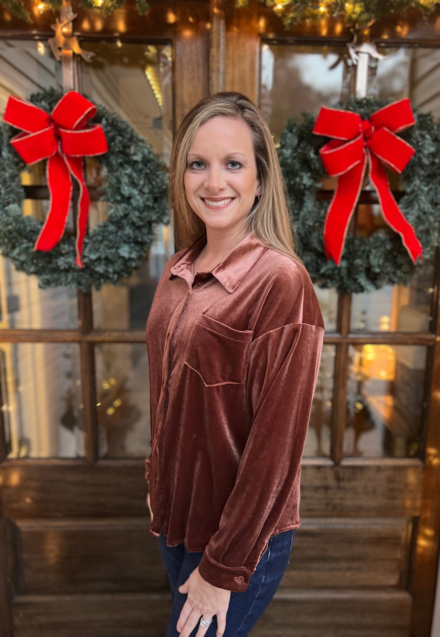 Rose gold velvet button up top