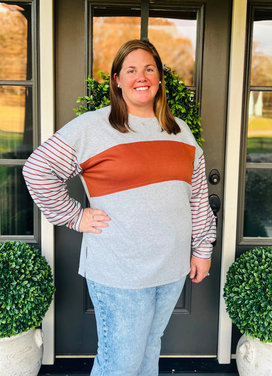 Color block drop shoulder pullover with side slit