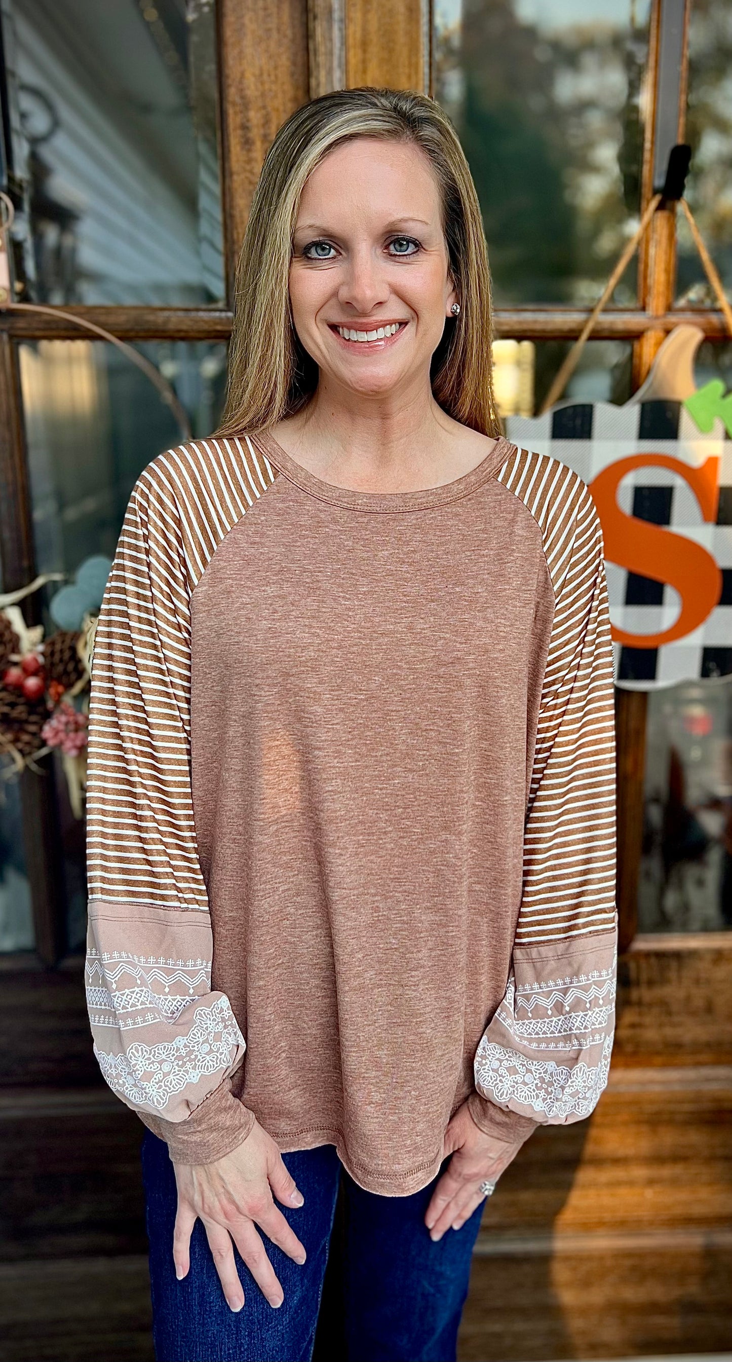 Beige floral striped patchwork sleeve