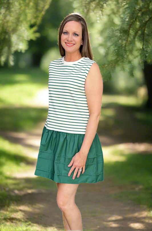 Green stripe sleeveless ruffled dress