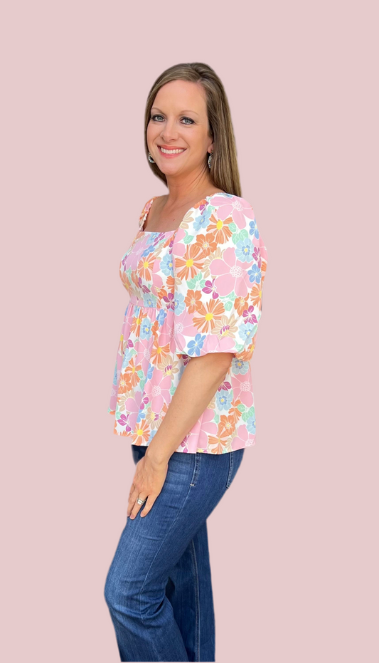 Pink Floral Square Neck top