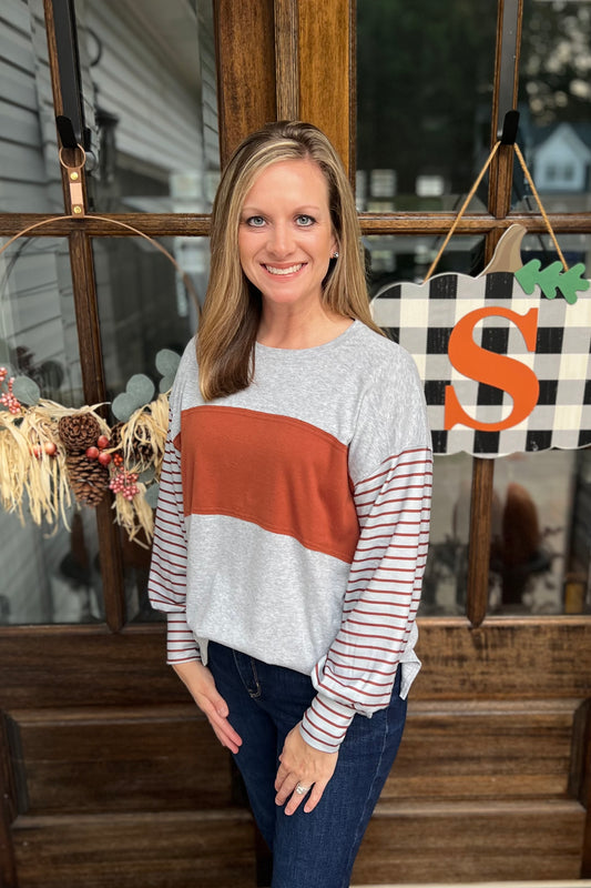 Color block drop shoulder pullover with side slit
