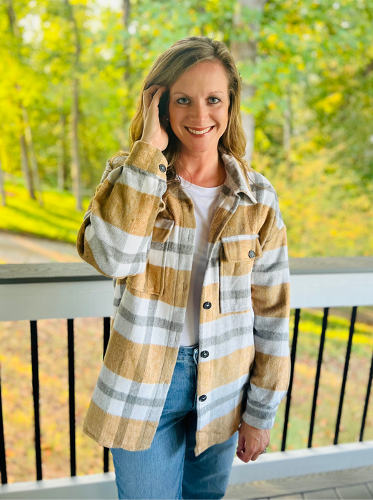 Plaid button flannel shirt jacket
