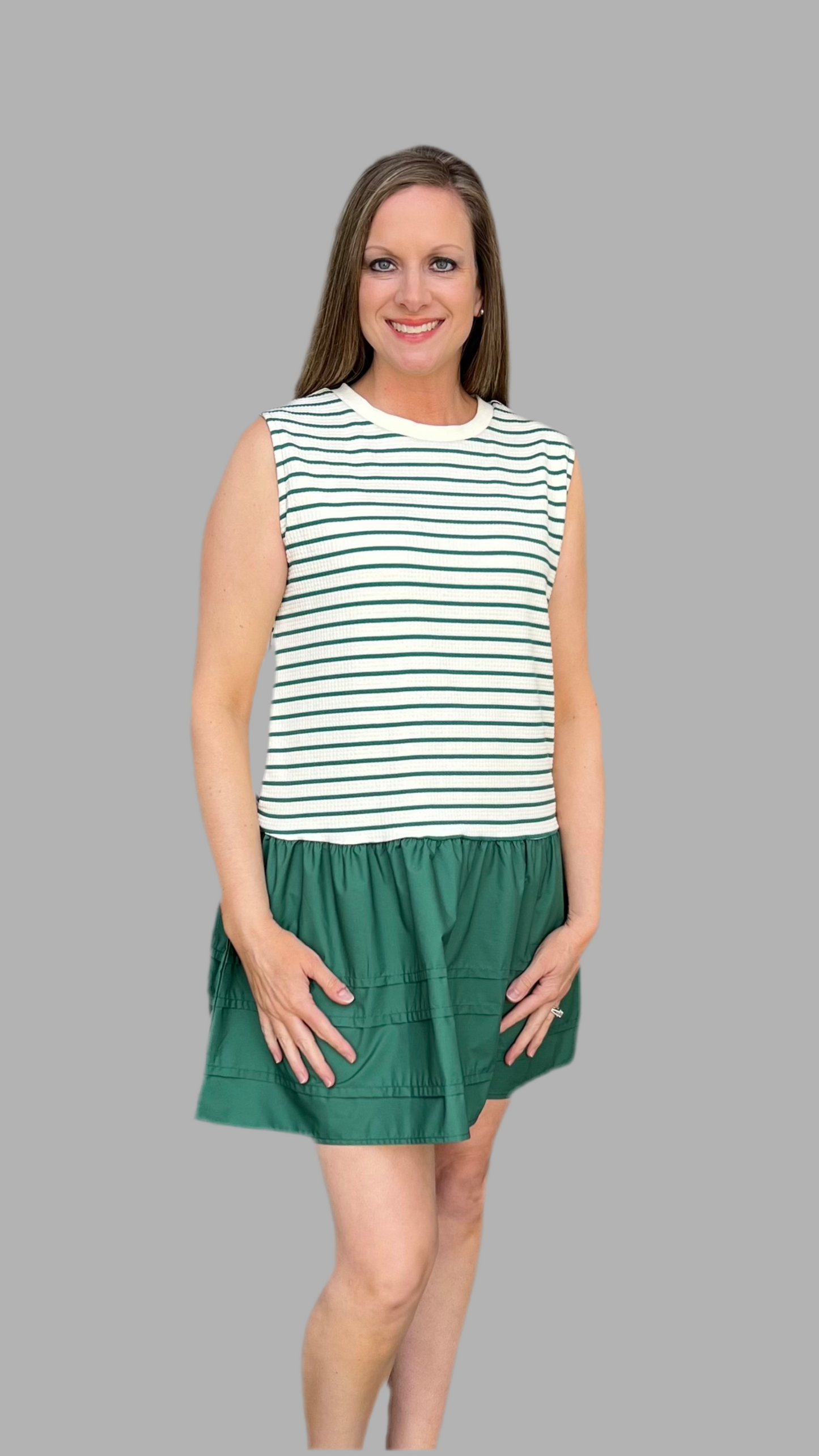 Green stripe sleeveless ruffled dress