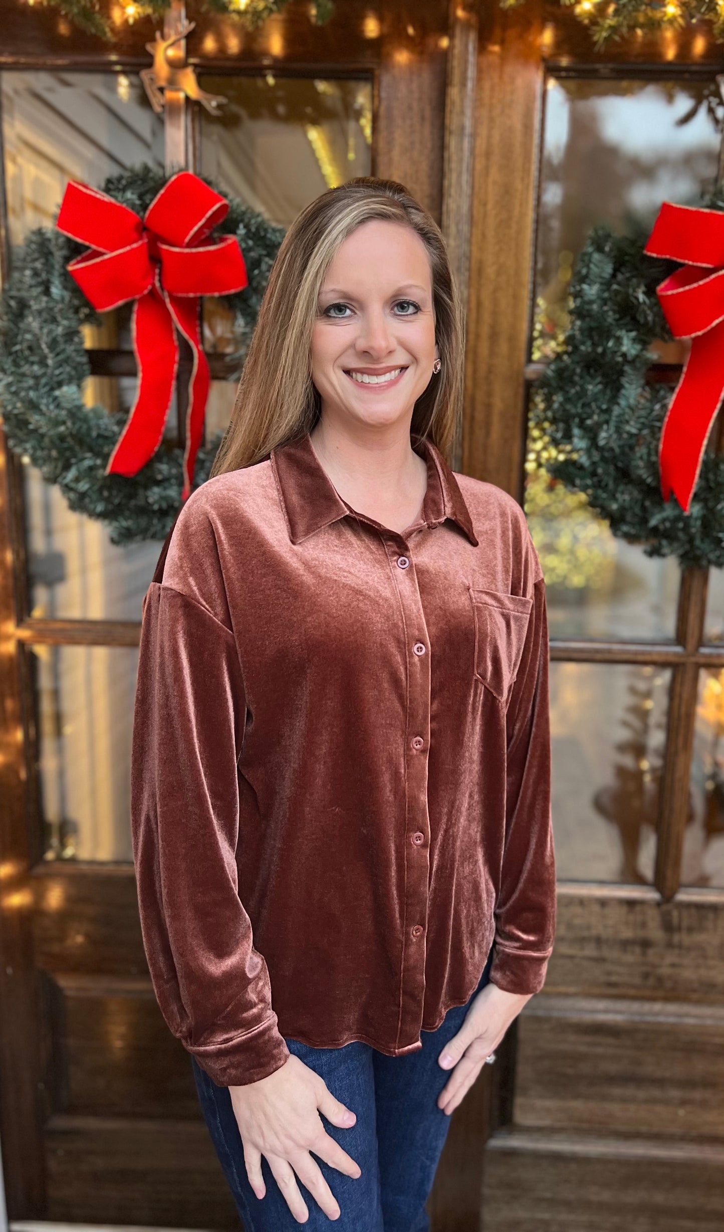 Rose gold velvet button up top