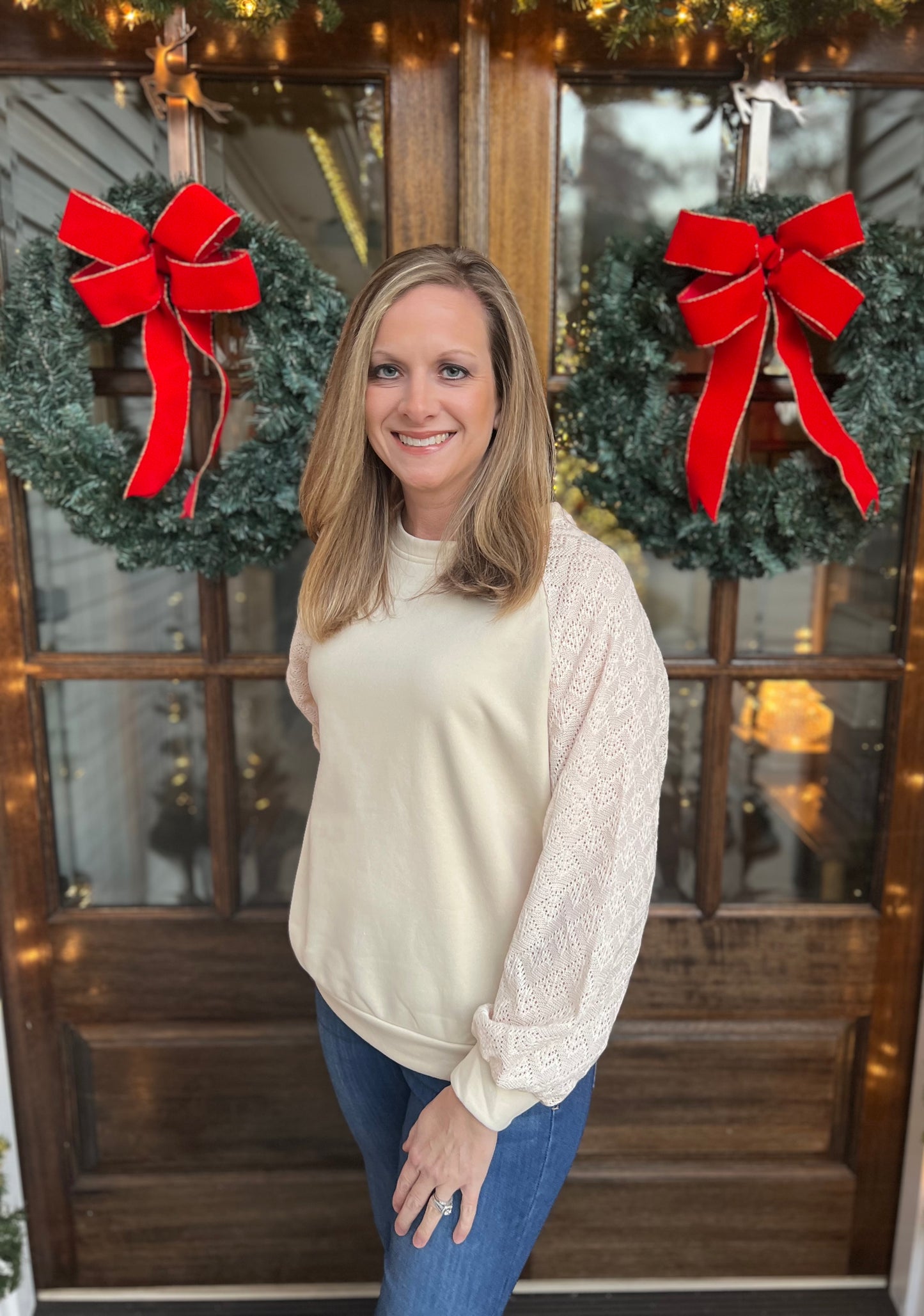 Eyelet knit patchwork raglan sleeve pullover