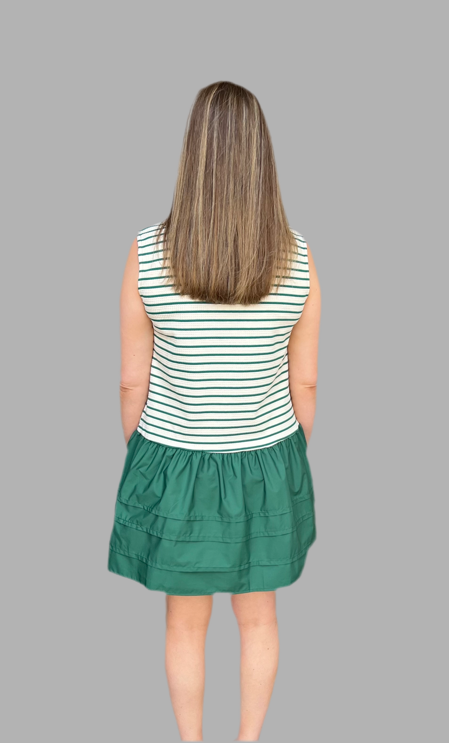 Green stripe sleeveless ruffled dress