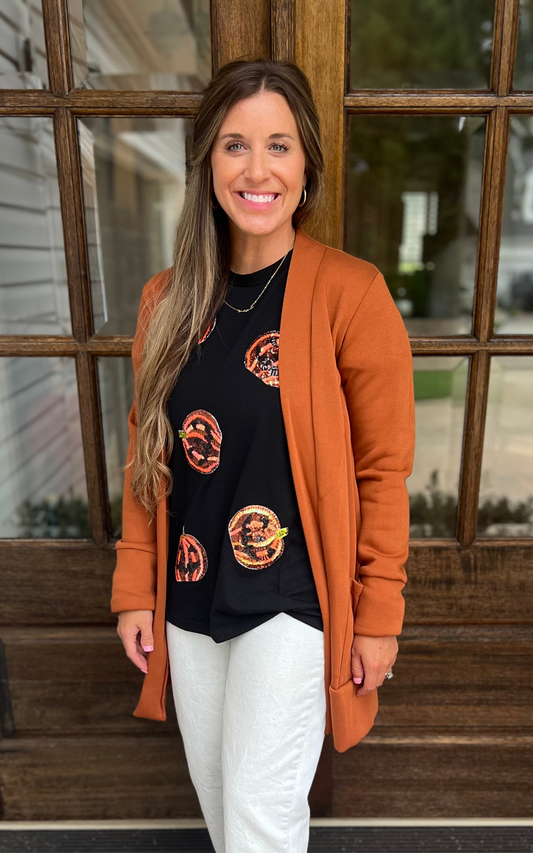 Rust midi cardigan with thumb hole