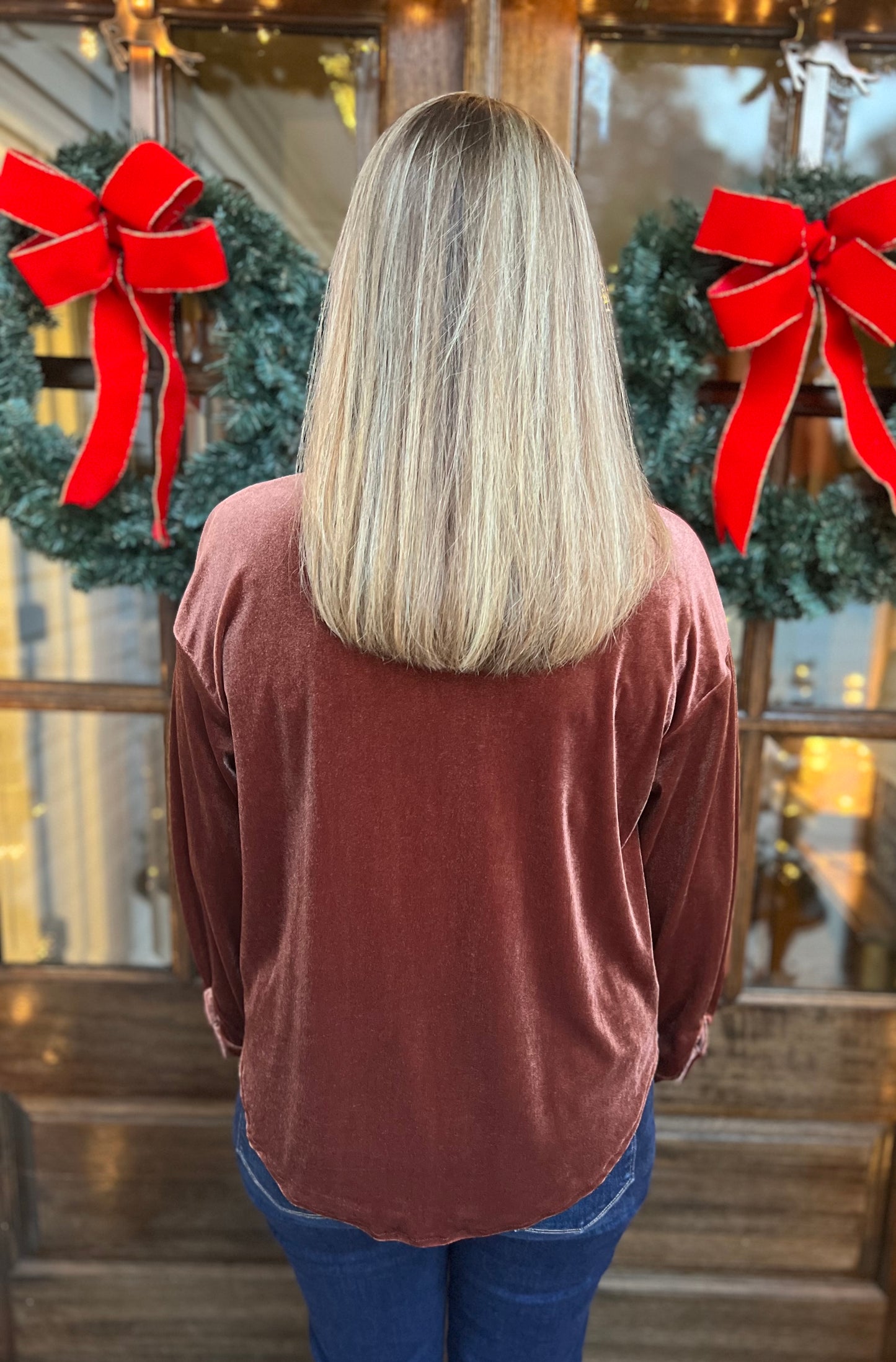 Rose gold velvet button up top