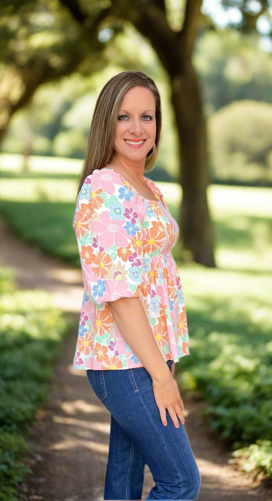 Pink Floral Square Neck top