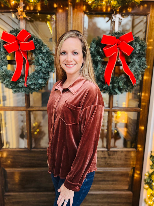 Rose gold velvet button up top