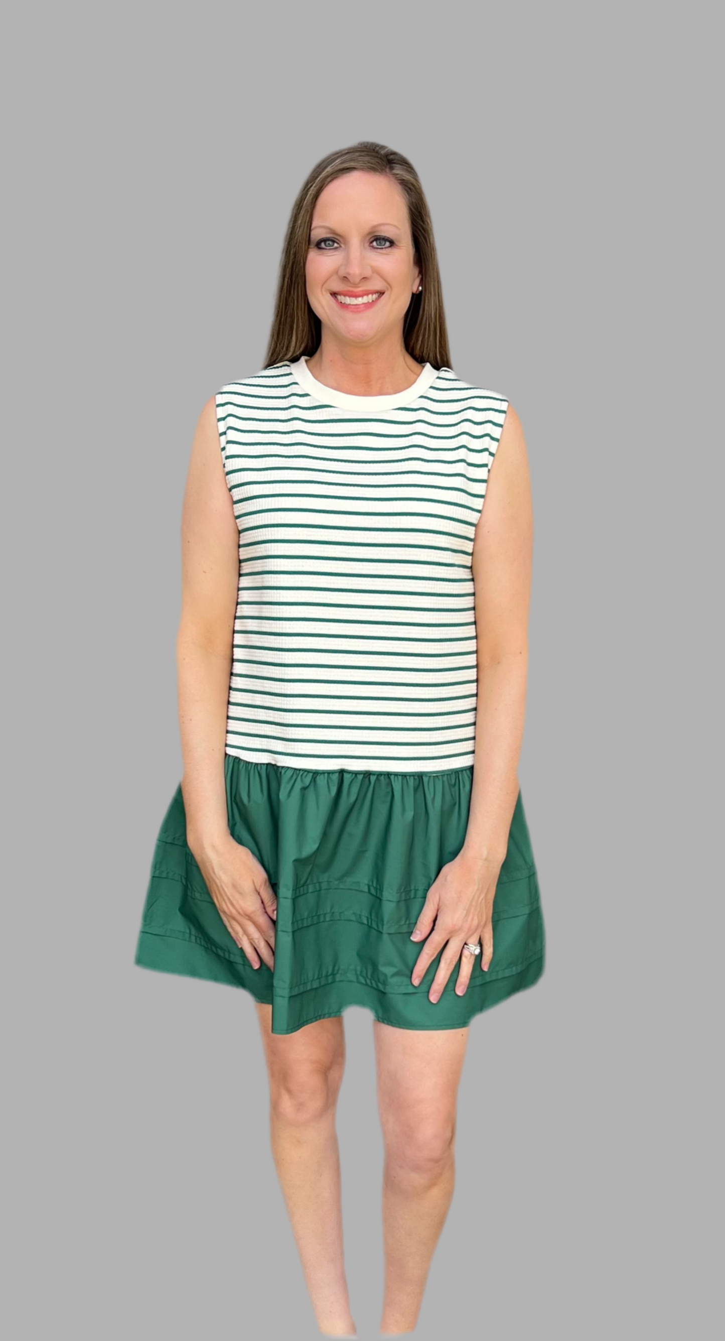 Green stripe sleeveless ruffled dress