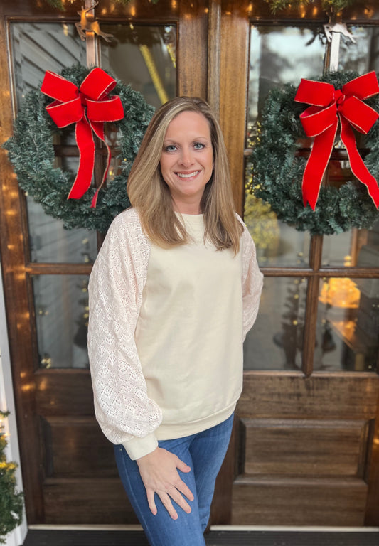 Eyelet knit patchwork raglan sleeve pullover