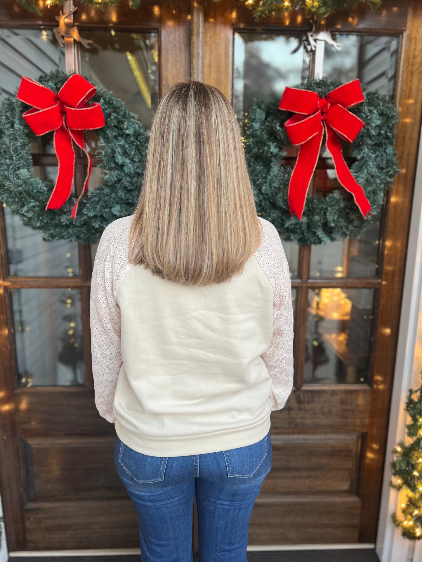 Eyelet knit patchwork raglan sleeve pullover