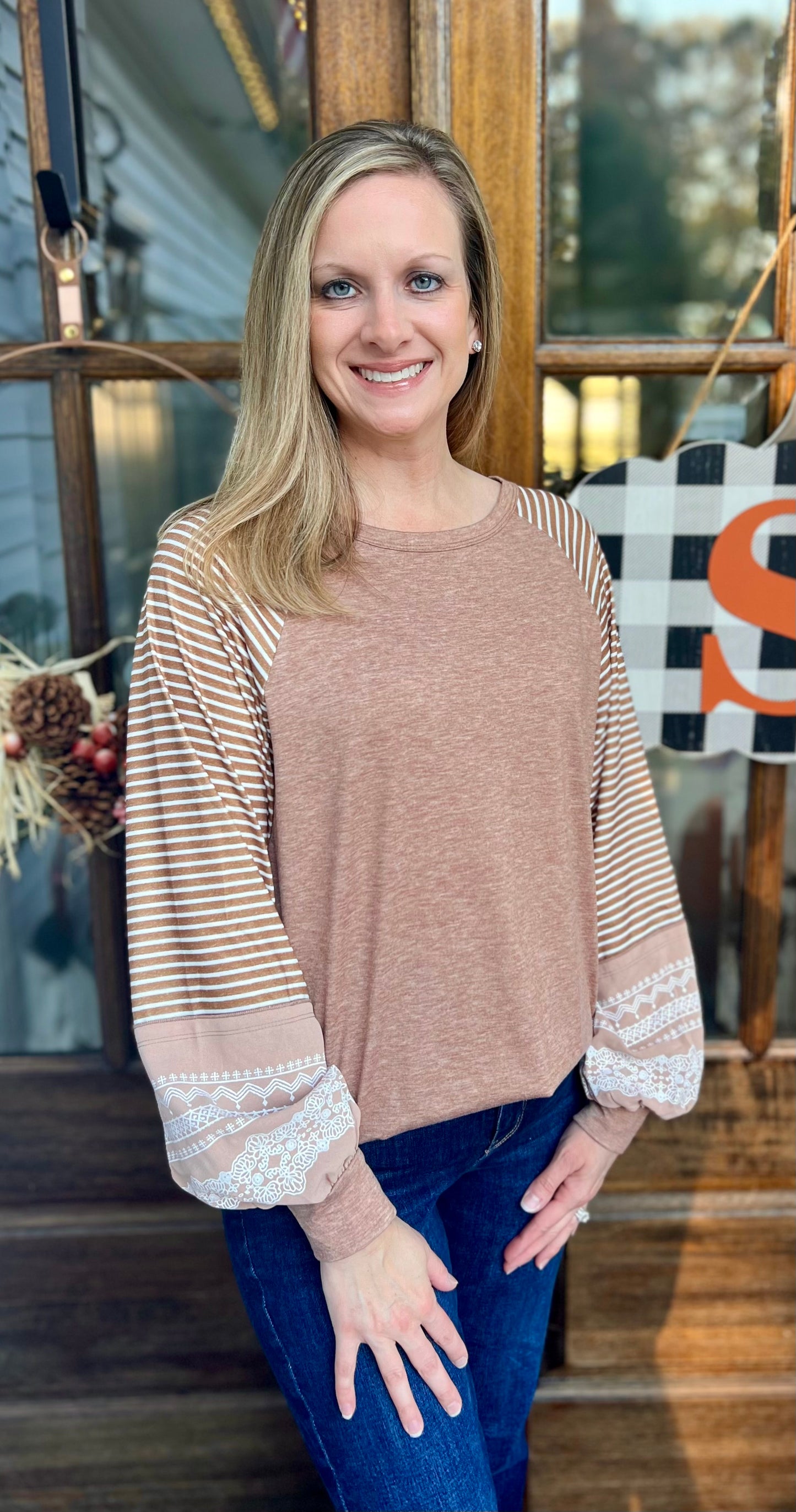 Beige floral striped patchwork sleeve