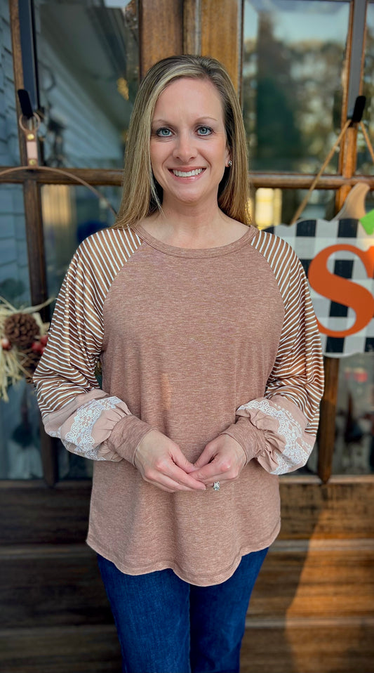 Beige floral striped patchwork sleeve